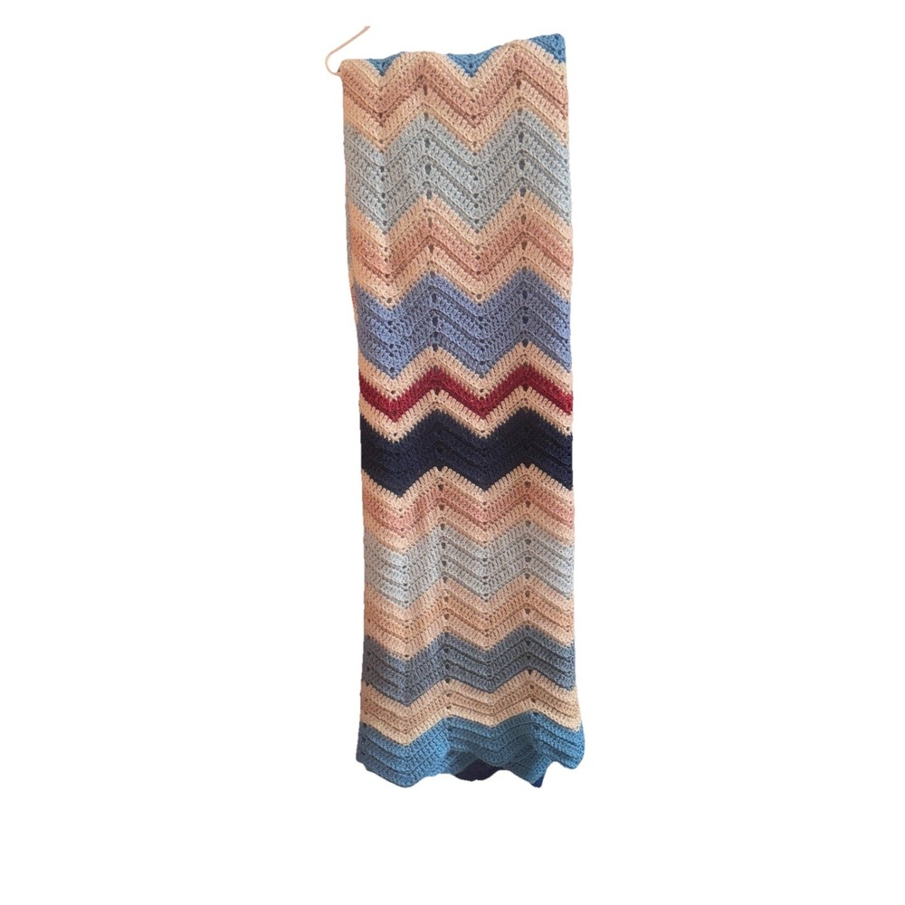Vintage Crochet Afghan Blanket Chevron Zigzag Blues/pinks/ Tan96 X78